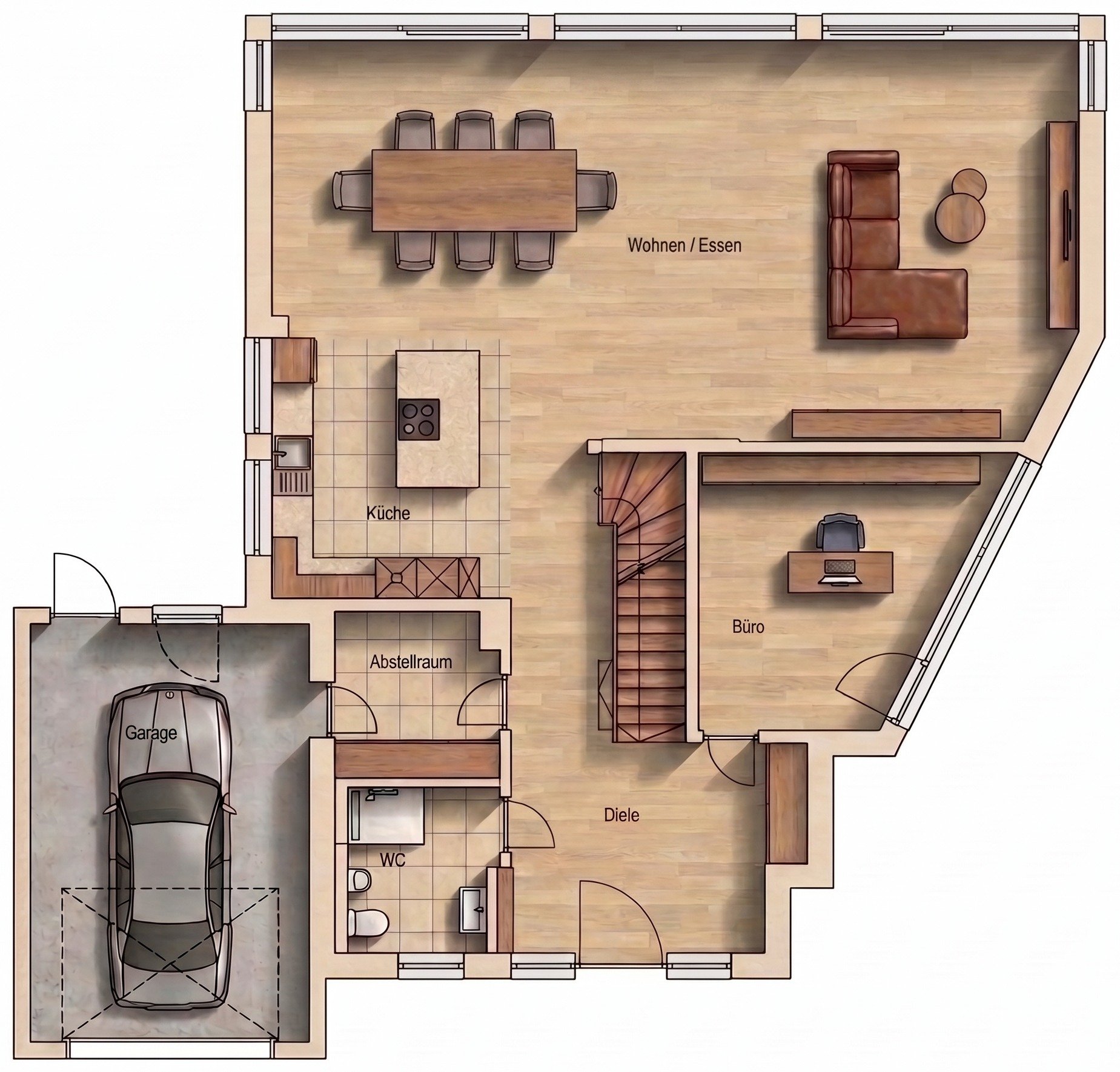 Grundriss Erdgeschoss Haus 46c mit Raumbezeichnungen und Flächenangaben