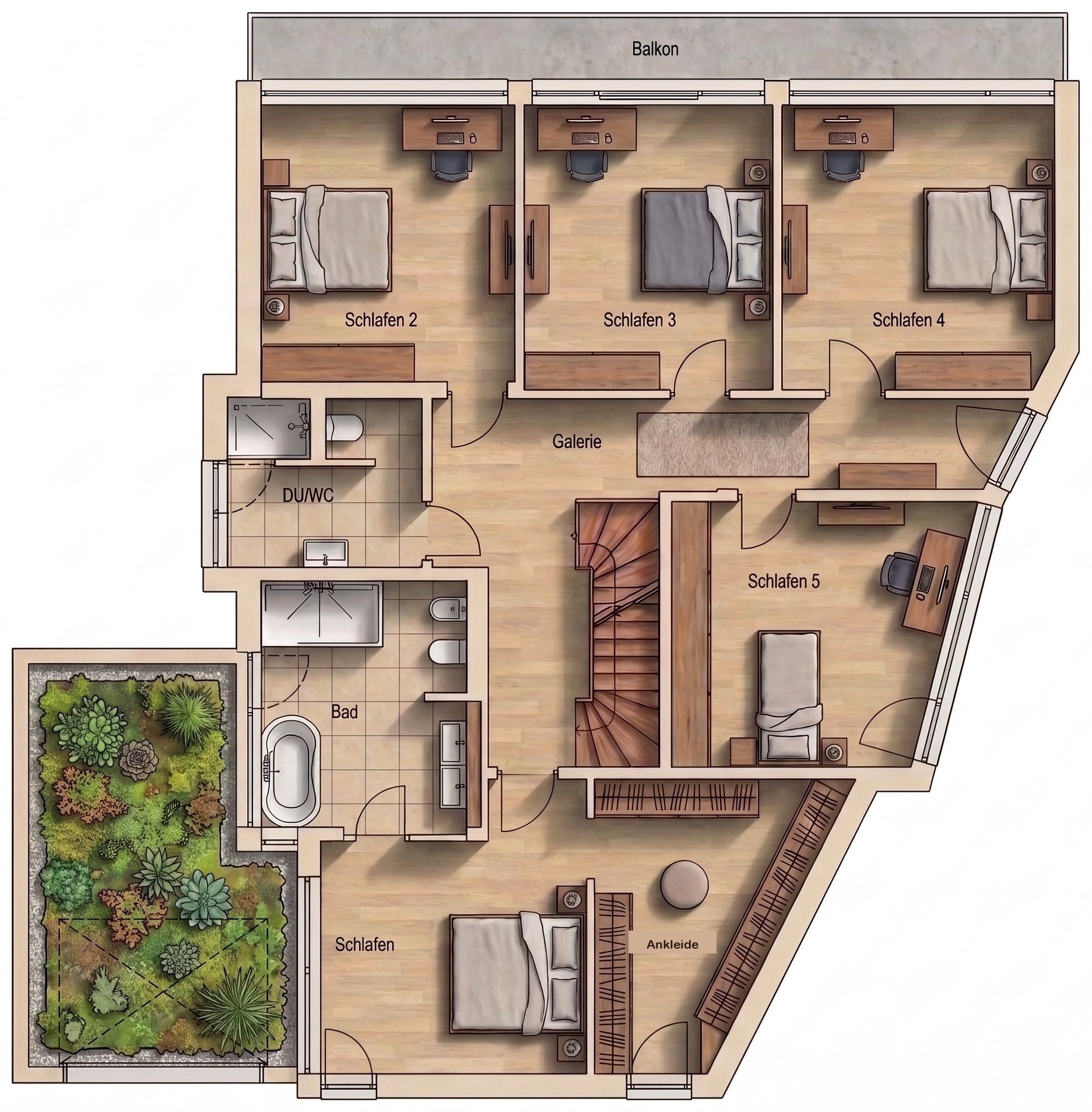 Grundriss Obergeschoss Haus 46c mit Raumbezeichnungen