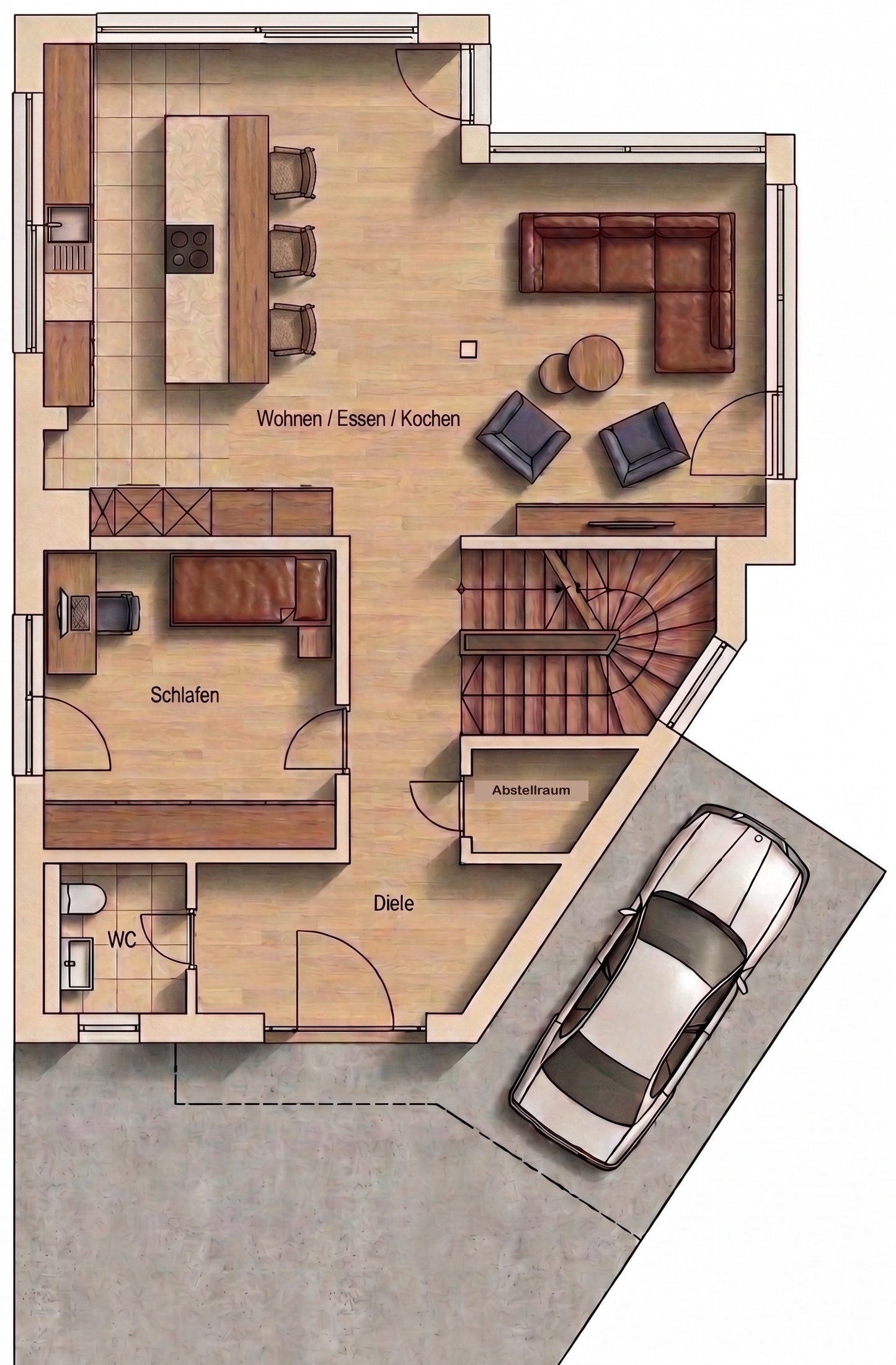 Grundriss Erdgeschoss Haus 46d mit Raumbezeichnungen