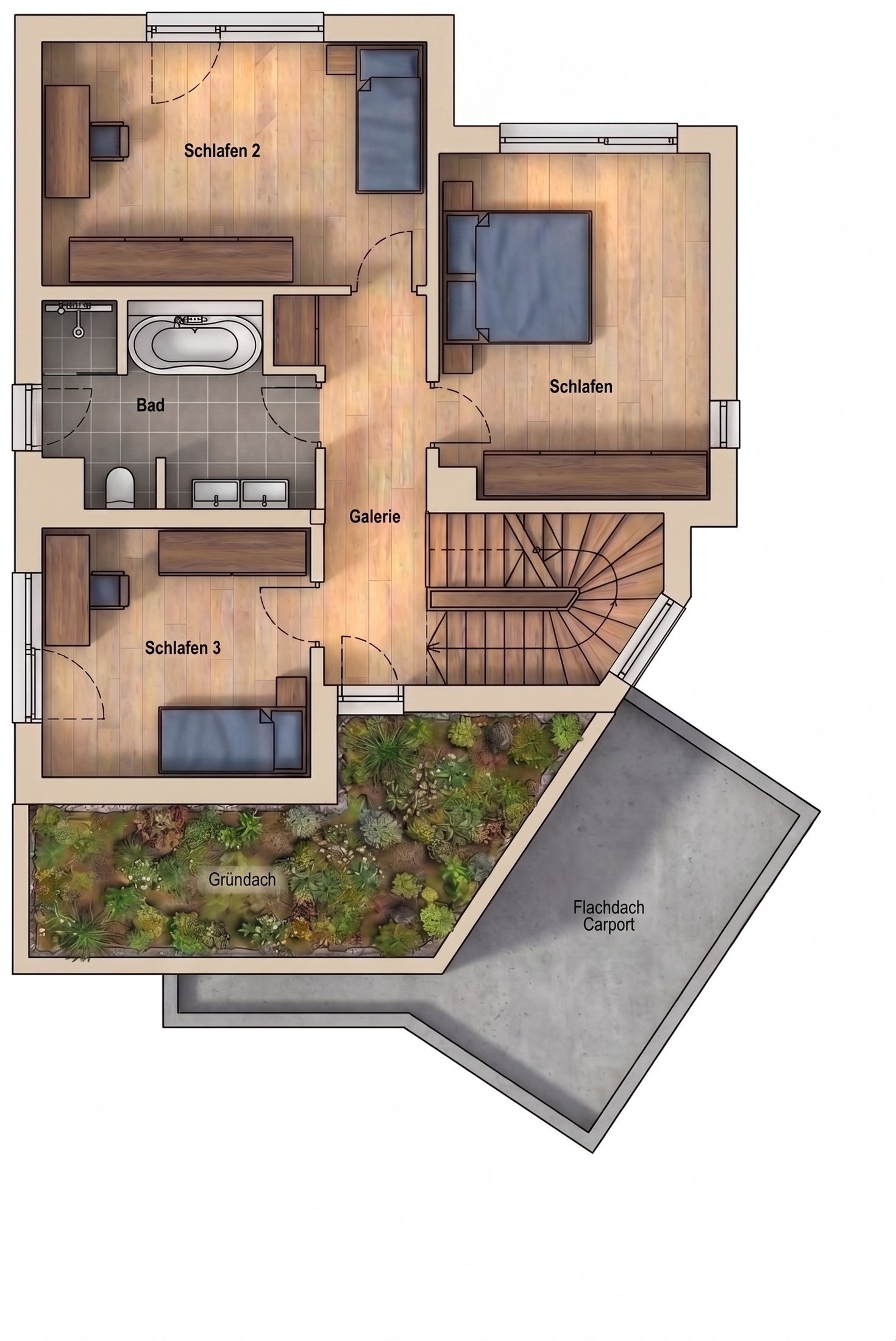 Grundriss Obergeschoss Haus 46d mit Raumbezeichnungen